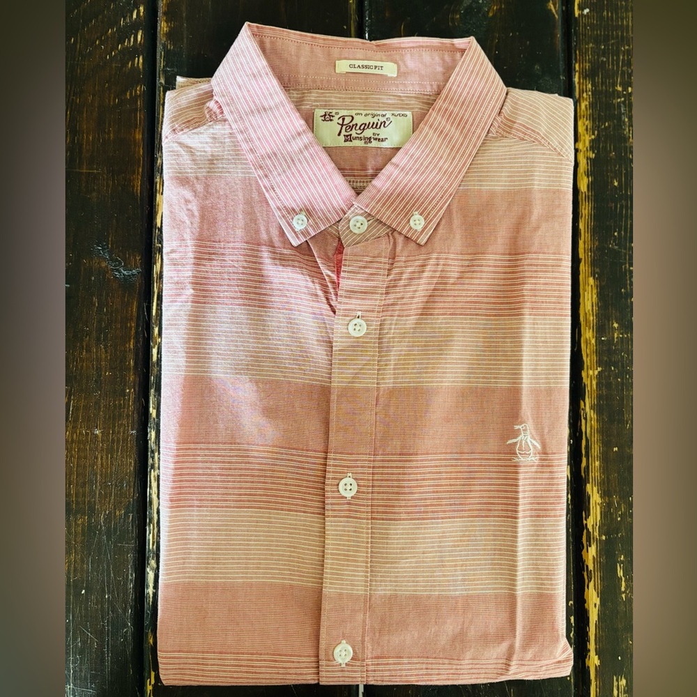 Original Penguin Men's Striped Red and white short sleeve Button Down Shirt XL
